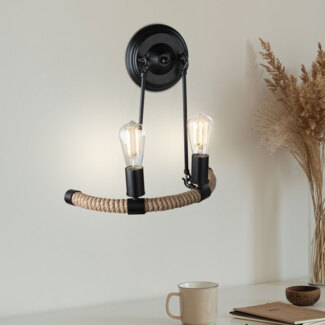 Wandleuchte, Hanfseil, Metall schwarz, 2 Flammig, B 40 cm