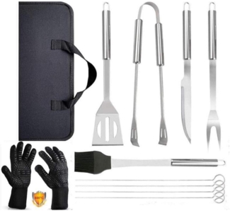 LuxusKollektion Premium Grillbesteck-Set mit Grillhandschuhen, 9-teilig, Edelstahl silber