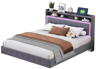 Flieks Polsterbett, LED Doppelbett 160x200cm mit USB-Laden und Stauraum am Kopfteil Leinen