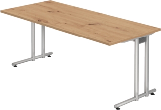 bümö Schreibtisch groß, N-Serie 180x80 cm, Tischplatte aus Holz in Asteiche, Gestell aus Metall in Silber - PC Tisch, großer Computertisch für's Büro, Office Bürotisch, NS-19-R-S