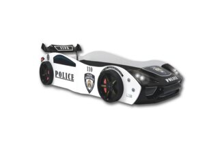 Aileenstore Autobett Police (inkl. Lattenrost LED Licht und Heckspoiler), Kinderbett 90 x 200 cm, Spielbett als Polizeiauto Rennwagenbett