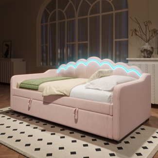 Merax Daybett, 90x200cm, Kinderbett, Einzelbett, Tagesbett, Schlafsofa, Hydraulisch Bett, Mit Stauraum, (Ohne Matratze), Samt, Farbwechselbarer LED-Streifen, Rosa