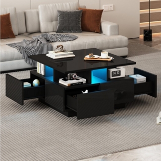 OKWISH Couchtisch Hochglanz Kaffeetisch (Satztisch, Wohnzimmertisch, Beistelltisch, 1-St, mit 4 schubladen), mit LED licht, geometrische Design
