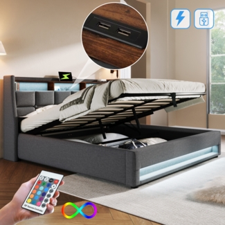 Polsterbett 140x200 cm mit LED-Beleuchtung & USB-Anschluss,Vintage-Leinenoptik,Stauraum unter dem Lattenrost,Grau