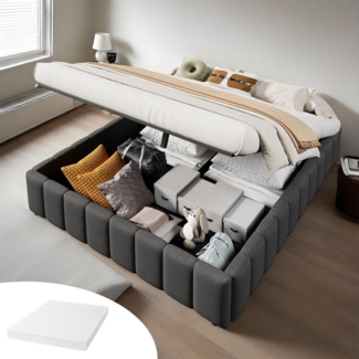 OKWISH Polsterbett Funktionsbett,Kinderbett,Jugendbett,Gästebett (Polsterbett,mit hydraulischer Lagerung – Minimalistisches Design ohne Kopfteil, umweltfreundliches Leinen & MDF, praktischer Stauraum für Schlafzimmer & Jugendzimmer, einfache Montage, 1...
