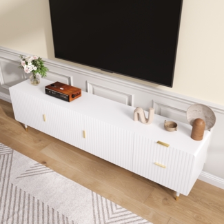 Eleganter TV-Ständer aus MDF in Weiß mit goldenen Akzenten und drei Türen, 170 x 36 x 55 cm
