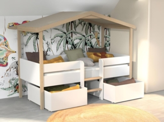 Vente-unique - Kinderbett Hausbett mit Schubladen - Lindenholz - 90 x 190 cm - Weiß & Eichefarben - SAROSI