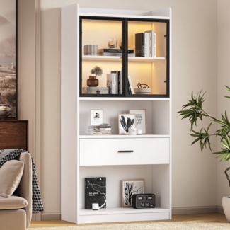 HAUSS SPOLE Vitrine mit 1 große Schubladen & 16 Farben Licht, Sammlerstücke Schrank (Aufbewahrungsregale, Bücherregal Vitrine, Display Regal, 1-St, 1 Vitrine(2 Türen, 1 Schublade, 2 offene Fächer) mit Glastüren, LED-Beleuchtung 16 Lichtfarben