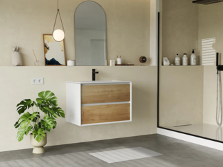 Vente-unique - Waschbeckenunterschrank hängend - Holzfarben & Weiß - 80 cm - LANNICK