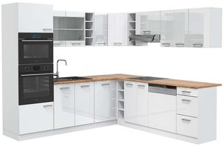 Eckküche R-Line Weiß Hochglanz/Weiß 247 x 60 cm , AP Eiche Vicco