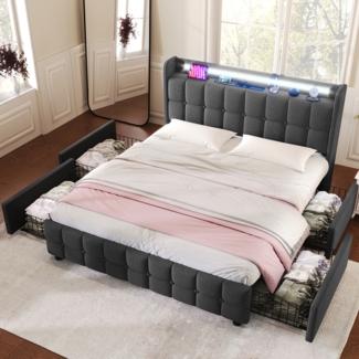 Polsterbett LED, mit Aufladen USB Ladefunktion Kopfteil und 4 Schubladen,Doppelbett 160x200cm Stauraumbetten Bettgestell, Lattenrost aus Holz, Grau