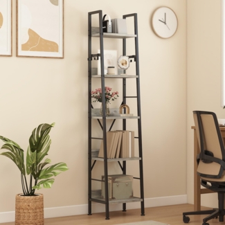 DWVO Schmales hohes Bücherregal 5 Etagen, Industrielles Leiterregal, Holzregale und Metall, schmal, dünn, modernes Regal für Wohnzimmer, Flur, Büro, Graues