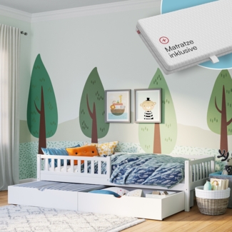 Bellabino 'Vils' Kinderbett 90x200 cm mit Matratze und großer Schublade, weiß, Kiefer Massivholz, Montessori Bett mit Stauraum, mit abnehmbarem Rausfallschutz und Lattenrost