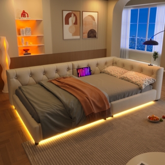 Schlafsofa 90×200 cm mit 7-farbiger LED-Beleuchtung, USB- & Type-C-Ladeanschluss, gepolsterte Rückenlehne aus Leinen,mit Knopfsteppung,Beige