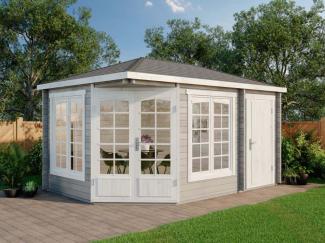 Alpholz 5-Eck Gartenhaus Modell Josephine-40 mit Anbau Gartenhaus aus Holz Holzhaus mit 40 mm Wandstärke Blockbohlenhaus mit Montagematerial