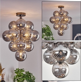 hofstein Deckenleuchte Deckenlampe aus Metall/Riffelglas in Schwarz/Rauchfarben, Deckenleuchte im Retro/Vintage-Design (Schirme Ø 12 cm), 13 x G9