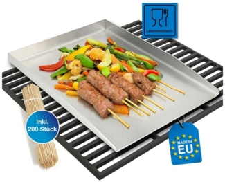 Schwanfeld Grillplatte Plancha 40x30 cm - [ESSENS-FALLSCHUTZ & ANTI-HAFT] - Premium Grillmatte (inkl. 200 Grillspieße aus Holz - Gesundes Grillen - Hochwertiger 2mm Edelstahl - Grillplatte Gasgrill)