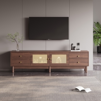 TV-Schrank in dunkler Holzoptik mit Rattantüren, geeignet für Fernseher bis 80 Zoll, mit 4 Schubladen & 2 Türen