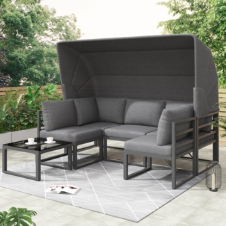 Merax Garten-Loungesessel-Set, Sonneninsel-Sitzgruppe aus Eisen, mit Markise, Lounge-Möbel für Balkon und Garten, Terrassenmöbel, Grau