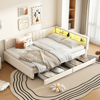 Schlafsofa mit LED-Beleuchtung, Lattenrost, Schubladen, USB/Typ-C Anschlüssen, 140x200 cm, Polsterbett, Doppelbett, Leinen