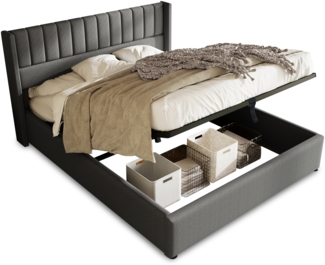 Polsterbett 140x200 cm mit hydraulischem Bettkasten, Leinenbezug, Gesamtabmessung 214,5x153x113 cm, Grau,Es gibt eine Matratze.