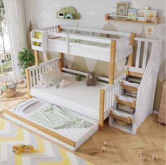 HAUSS SPOLE Etagenbett mit drei Bettpositionen, mit Rollbett, Ecktreppe, Weiß 90/120x200cm (Etagenbett,Funktionsbett, mit Rollbett und Stauraum, Kinderbett,Stauraumbett mit Gitter, Etagenbett), ohne Matratze