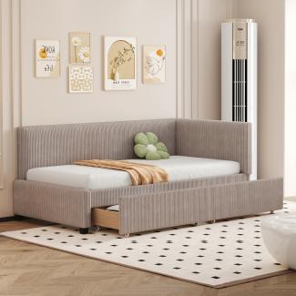 Merax Polsterbett Schlafsofa 90*200 Multifunktionsbett mit 2 großen Stauraumschubladen und Lattenrost hautfreundlicher Samtstoff Grau