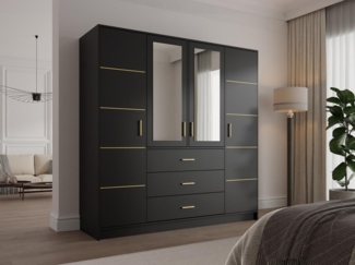 Vente-unique - Kleiderschrank mit 4 Türen & 3 Schubladen - Mit Spiegel - 196 cm - Schwarz & Goldfarben - MONLIO