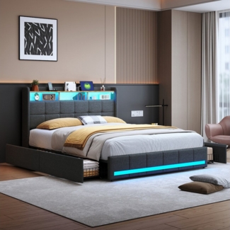 PXloue Funktionsbett Polsterbett Doppelbett, mit USB-Laden und Stauraum am Kopfteil,Leinen,160x200 cm