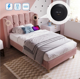 BlingBin Einzelbett Polsterbett Doppelbett (1-tlg, Jugendbett mit USB Typ C Ladefunktion), Leinenmaterial