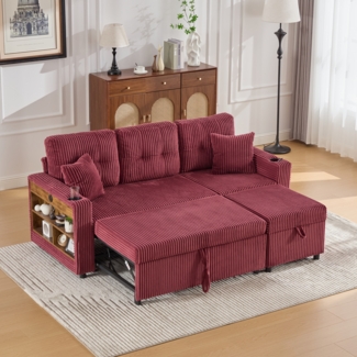 Flieks 3-Sitzer-Schlafsofa mit Schlaffunktion, Mehrfunktionales Cord-Sofa mit Stauraum & Ausziehbett. Inkl. USB-C, Ambientebeleuchtung, Getränkehaltern & breiten Armlehnen, Weinrot