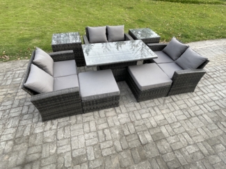 Fimous Polyrattan Gartenmöbel Set Einstellbare Höhe Esstisch Sofa Set mit Doppelsitz-Sofa 2 Großer Fußhocker 2 Beistelltische Dunkelgrau Gemischt