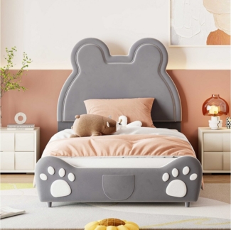 BlingBin Kinderbett Polsterbett (90x200 cm, grau), Bärenform, Hautfreundlicher Samtstoff,mit einer Seitentasche am Bett