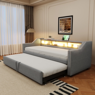Merax Polsterbett Ausziehbares Schlafsofa 90/180 x 190 cm, Multifunktionales Staufach, LED-Licht und USB-Buchse, mit Lattenrost, Hellgrau