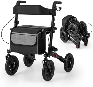 Rollator mit Luftbereifung faltbar und leicht mit Sitz Aluminium bis 140 kg 2 in 1 Rollstuhl Schwarz