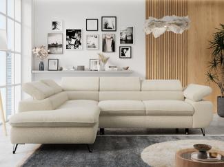 Ecksofa mit Bettfunktion, Modern Sofa, L-form, Einstellbare Kopfstützen, Bettkasten, PETER, 1x Ecksofa, Beige, Boucle, links