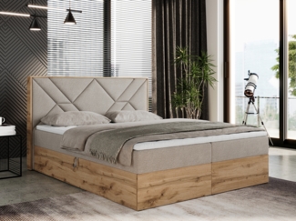 Boxspringbett mit Kopfteil und Topper, Polsterbett - GUNAR - 120 x 200 cm - Beige Stoff - H3 - Topper Visco