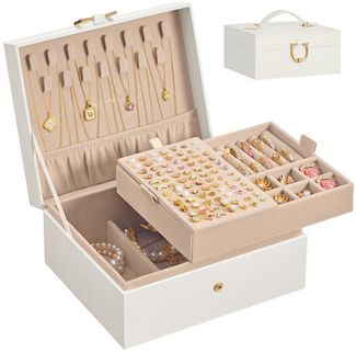 SONGMICS Schmuckkästchen, Schmuckkasten 2 Ebenen, Schmuckaufbewahrung, mit herausnehmbarem Schmucktablett, Griff, für Halsketten Ohrringe, 17 x 20,5 x 9,5 cm, Geschenkidee, cremeweiß