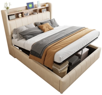 REDOM Polsterbett Doppelbett Jugendbett Gästebett (Polsterbett,mit LED-Beleuchtung, USB-Anschluss und Hydraulik-Stauraum, Kopfteil mit Einlegeböden, Stabiler Metallrahmen, 140 x 200 cm), ohne Matratze