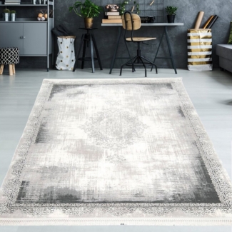 TeppichHome24 Teppich Wollteppich mit Verzierungen & Fransen in grau, rechteckig, Höhe: 10 mm