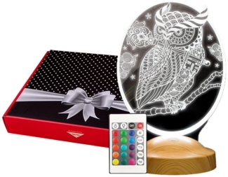Geschenkelampe LED Nachttischlampe Eule Tier 3D Nachtlicht mit Gravierung Geschenk für Tierliebhaber, Leuchte 7 Farben fest integriert, Eule Fans, Geschenk für Tierfreunde