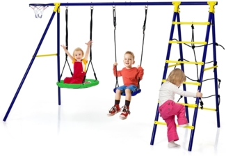 5 in 1 Schaukelset mit 2 Schaukeln Basketballkorb Kletternetz & Kletterleiter Kletter & Schaukelkombination Blau