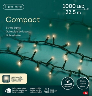 Lumineo LED-Lichterkette Lumineo Lichterkette Compact 1000 LED 22,5 m warm weiß, grünes Kabel, Dimmbar, 8h-Timer, Indoor, Outdoor