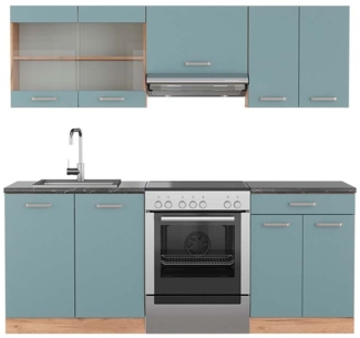 Vicco Küchenzeile Blau-Grau/Goldkraft Eiche 200 cm , AP Anthrazit, R-Line