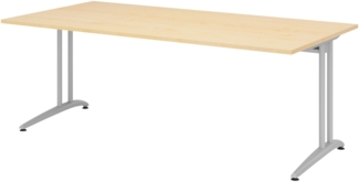 bümö Schreibtisch groß, Serie 200x100 cm, Tischplatte aus Holz in Ahorn, Gestell aus Metall in Silber - PC Tisch, großer Computertisch für's Büro, Office Bürotisch, BS-2E-3