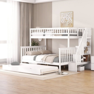 OKWISH Etagenbett Kinderbett Bett Einzelbett Gästebett Jugendbett (90 x 200 über 140 x 200 Etagenbett, mit Rollbett und Treppe, weiß)