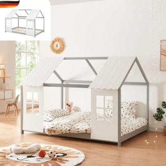 DELUKE® Kinderbett 140x200 GELO - mit Lattenrost Rausfallschutz Haus-OptikEinzelbett aus Holz Hausbett Kinderzimmer Montessori Bett Grau