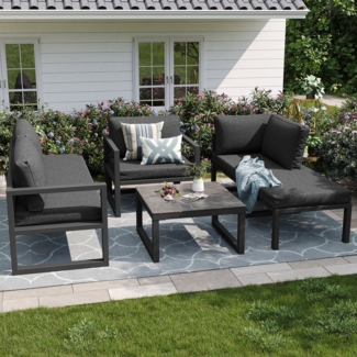 Merax Gartenlounge-Set, (4-tlg, Balkonmöbel Gartengarnitur Gartenlounge mit Verzinktem Eisengestell), Gartenmöbel-Set Sitzgruppe mit Sofa, Ecksofa, Sessel & Couchtisch