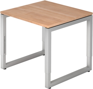 bümö höhenverstellbarer Schreibtisch R-Serie 80x80 cm in Nussbaum, Gestell in Silber - PC Tisch klein für's Büro manuell höhenverstellbar, Computertisch verstellbar, RS-08-N-S