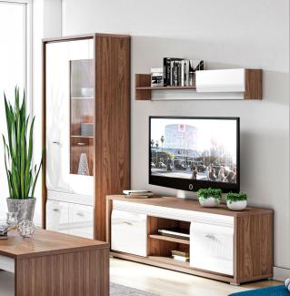 Wohnwand "Dallas" Anbauwand 3-teilig Walnuss MDF weiß Hochglanz